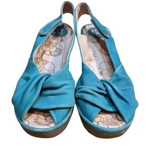 FLY LONDON Turquoise Blue Leather Knot Wedge Slingback Sandals Women's Sz 41/8.5